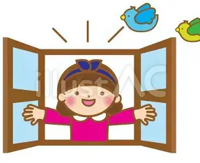 <p><span style="color: blue">彼女は窓を開けます。</span></p>