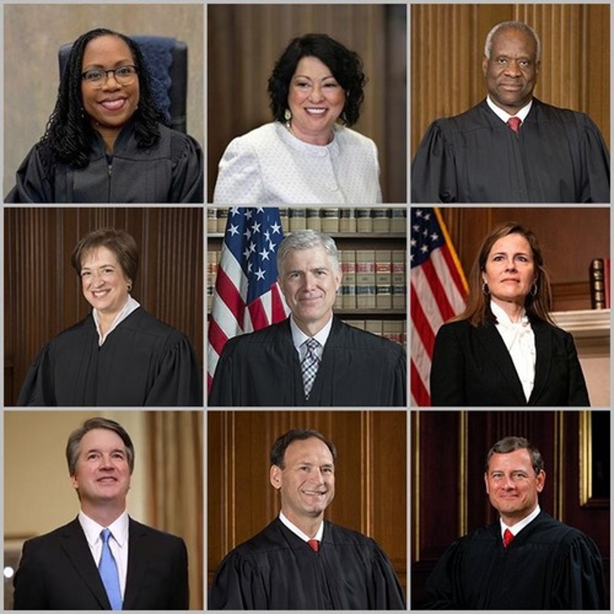 <p>- Clarence Thomas (76, George H.W. Bush)</p><p>- Samuel Alito (74, George W. Bush)</p><p>- Sonia Sotomayor (70, Barack Obama)</p><p>- Elena Kagan (64, Barack Obama)</p><p>- Neil Gorsuch (57, Donald Trump)</p><p>- Brett Kavanaugh (60, Donald Trump)</p><p>- Amy Coney Barrett (53, Donald Trump)</p><p>- Ketanji Brown Jackson (54, Joe Biden)</p>
