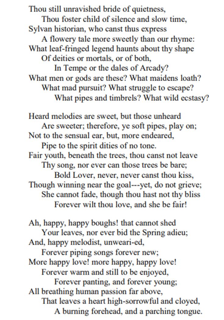 <p>In “<span>Ode on a Grecian Urn” by John Keates, </span>“What leaf-fring'd legend haunts about thy shape Of deities or mortals, or of both, In Tempe or the dales of Arcady?” is an example of formal language, mirroring that of ancient poetry. John Keates was writing in the early 1800’s when some of this language (leaf-fring'd, dales of Arcady) would be considered ancient.  </p>