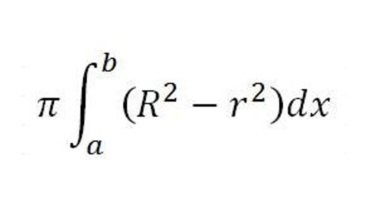 <p>π ∫ R² - r² dx over interval a to b<br><br>R = farthest distance from outside curve to axis of revolution, <br>r = closest distance from inside curve to axis of revolution</p>
