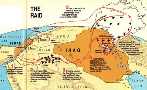 <p>1981 Israeli airstrike destroying Iraq’s Osirak nuclear reactor. Prevented Iraq from developing nuclear weapons.</p>