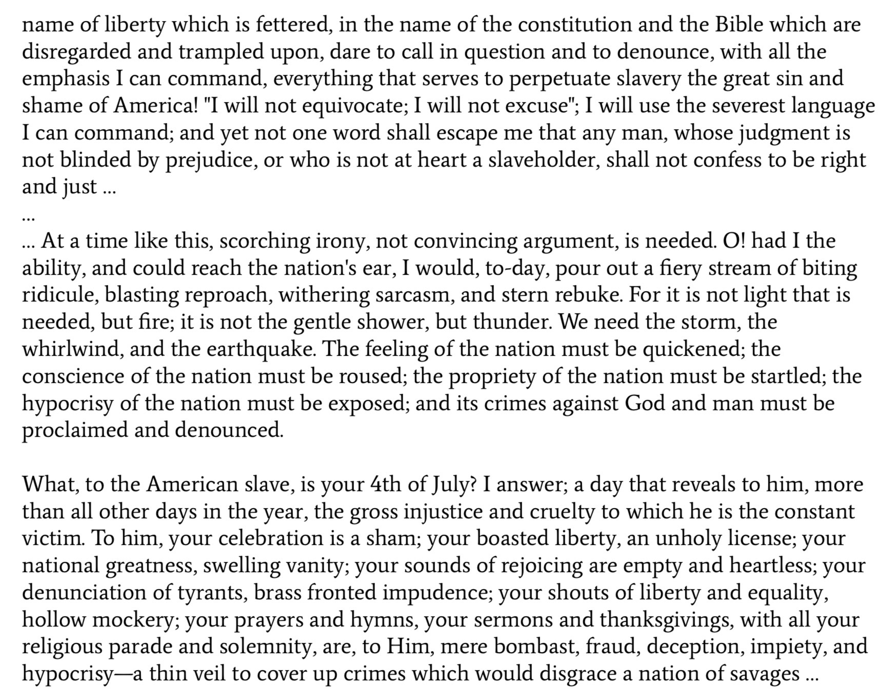 <p><span>This source, “What to the Slave Is the Fourth of July?” by Frederick Douglass (1852), is a speech in which Douglass criticizes the United States for celebrating freedom while millions of African Americans remained enslaved. He exposes the hypocrisy of American independence and calls for justice, equality, and the abolition of slavery.</span></p>