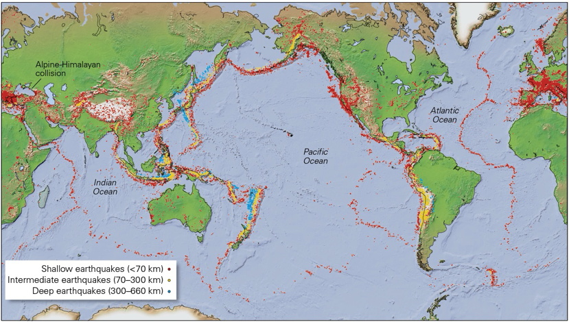 <p>What does this map of global seismicity reveal about earthquakes? </p>