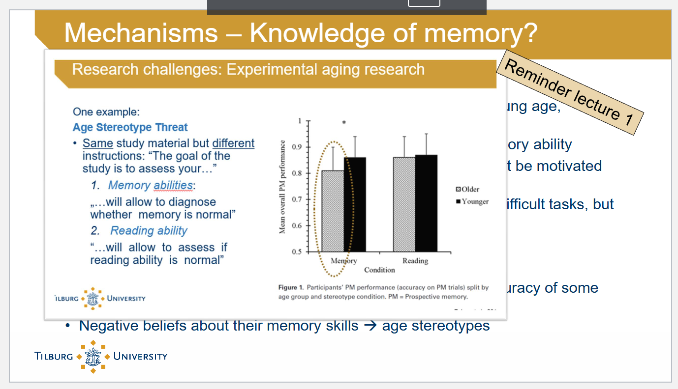 <p>Childhood</p><ul><li><p>Metacognitive awareness present in a rudimentary form at a young age, significant improvements throughout childhood</p></li><li><p>Children with greater metamemory awareness often better memory ability</p></li><li><p>Good metamemory no guarantee of good recall → children must be motivated to use appropriate strategy</p></li><li><p>Development continues in adolescence: only 50–60% plan for difficult tasks, but 80% monitor performance during task</p></li></ul><p>Older age</p><ul><li><p>Metacognitive knowledge maintained</p></li><li><p>Are able to monitor their memory, but at times misjudge the accuracy of some aspects of their memory</p></li><li><p>Negative beliefs about their memory skills → age stereotypes</p></li></ul><p></p>