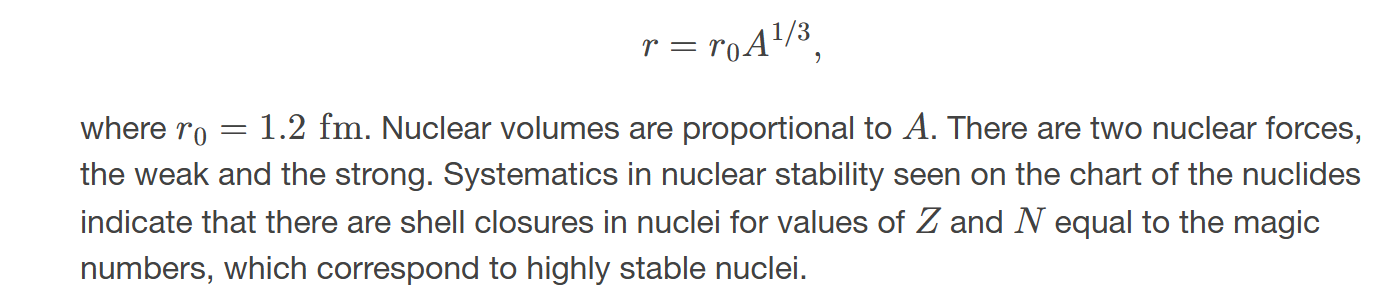 <p><span><span>the radius of a nucleus is </span></span>𝑟=𝑟0𝐴1/3</p>