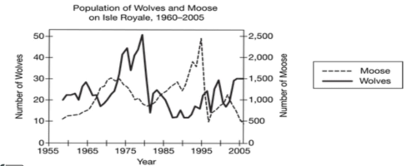 <p>The graph shows the population sizes for the moose population and the wolf population on Isle Royale. Based on the data in the graph, which of the following is the best estimate of the carrying capacity of the wolf population?</p>