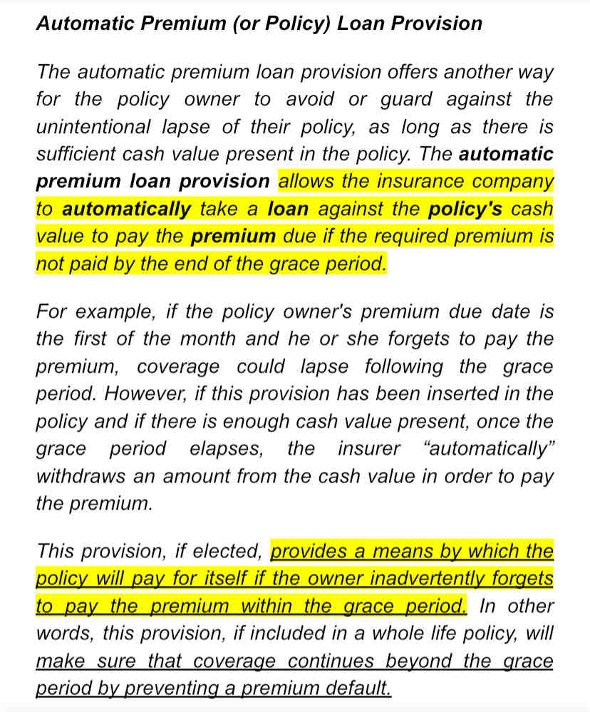 <p>The automatic premium loan provision authorizes an insurer to withdraw from a policy's cash value the amount of</p><ul><li><p>any interest payable from an outstanding policy loan balance</p></li><li><p>past due premiums that have not been paid by the end of the grace period</p></li><li><p>the outstanding policy loan balance</p></li><li><p>any surrender charges owed by the policyowner</p></li></ul>