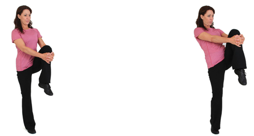 this technique is performed while walking forward

with each step, flex the hip as high as can be controlled, grasping the knee at the top with both hands

be sure to pause at the top and switch legs with each step