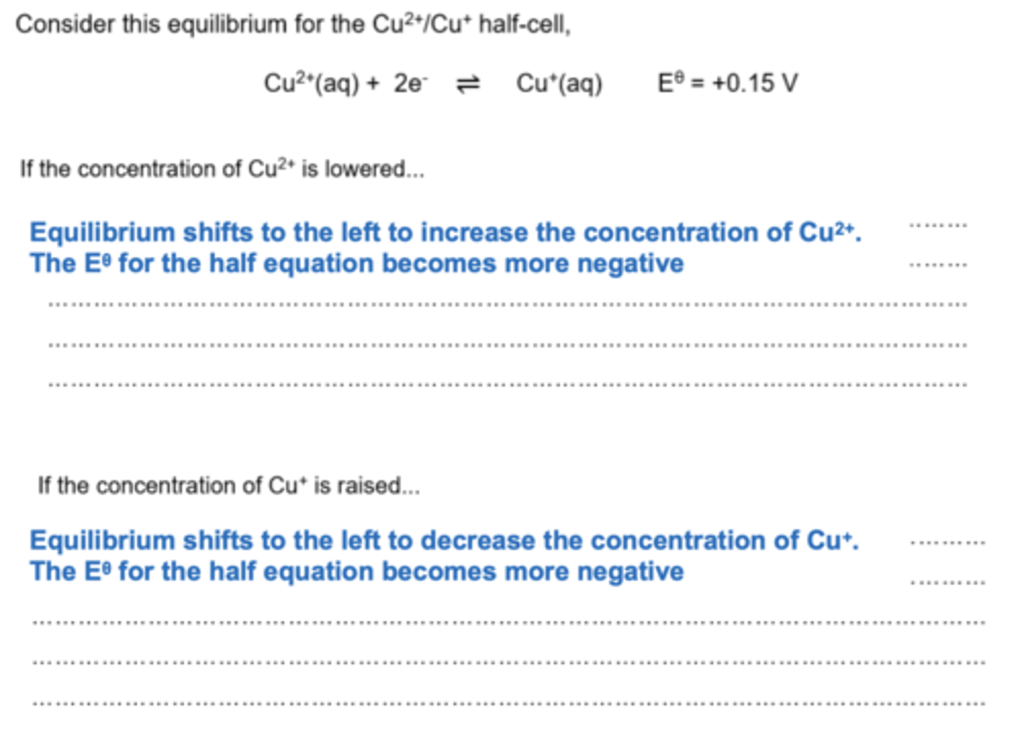 <p>- A shift to the right (oxidation direction) makes the Eo more positive or less negative (depending on sign of Eo).</p><p>- A shift to the left (reduction direction) makes the Eo more negative or less positive (depending on sign of Eo)</p><p>Example is given</p>