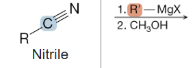 <p>What is the product of the reaction between a nitrile, and R-MgX (1st step), and CH3OH (2nd step)?</p>