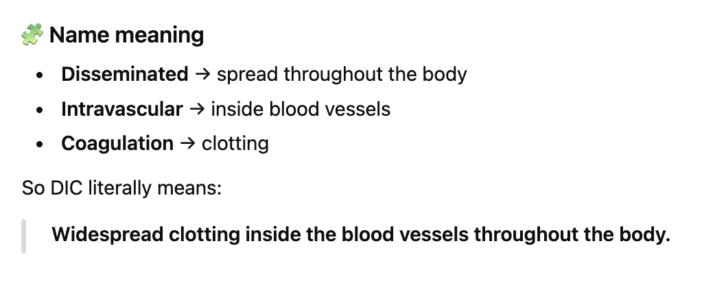 <p>So if someone has an <span style="color: green;"><strong>immune reaction to heparin, it activates thrombin instead and the body experiences DIC</strong></span></p><p></p><ol><li><p>Something triggers massive clotting activation —> <strong>heparin immune reaction</strong></p></li><li><p><strong>All clotting factors + platelets</strong> get used up in forming tiny clots all over the body.</p></li><li><p>When the body later needs to clot (like at an injury site), <strong>there’s nothing left</strong> → severe <strong>bleeding</strong>.</p></li></ol><p></p>