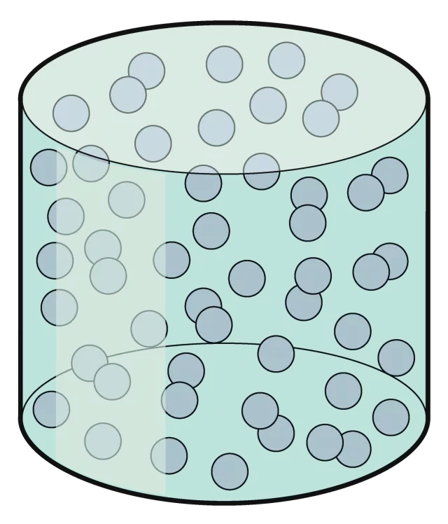 indefinite shapes, indefinite volume, movement = random walk, move in straight line until collide with another particle and change direction (etc).