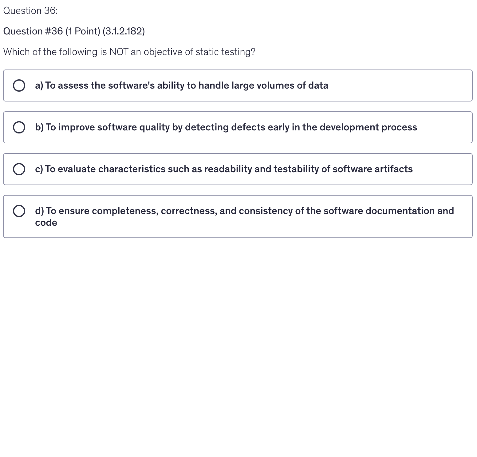 <p>Which of the following is NOT an objective of static testing?</p>