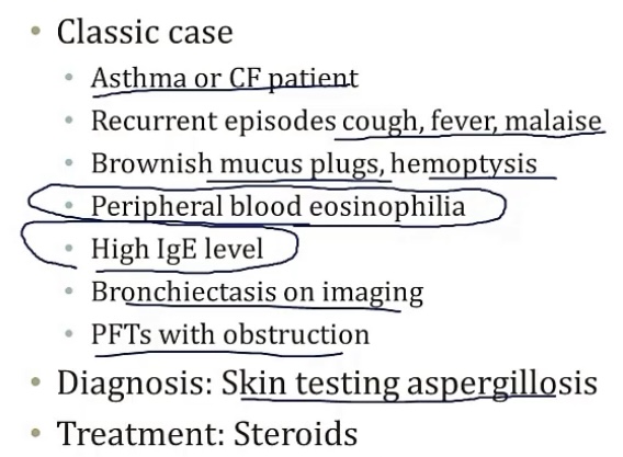 <p>-obstructive</p><p>-recurrent infections, cough with excessive foul-smelling sputum</p><p>-cor pulmonale</p><p>-cystic fibrosis, kartagener’s syndrome, allergic bronchopulmonary aspergillosis</p><p></p><p>KARTAGENER’S SYNDROME…</p><p>-primary ciliary dyskinesia</p><p>-beat; dynein</p><p>-chronic sinusitis(recurrent infections); bronchiectasis; male infertility; and situs inversus</p><p></p><p>ALLERGIC BRONCHOPULMONARY ASPERGILLOSIS…</p><p>-hypersensitivity</p><p>-immunocompromised</p><p>-asthma; CF</p><p>-CD4 and interleukins; eosinophilia; IgE</p><p>-Aspergillus skin test</p><p>-steroids</p>