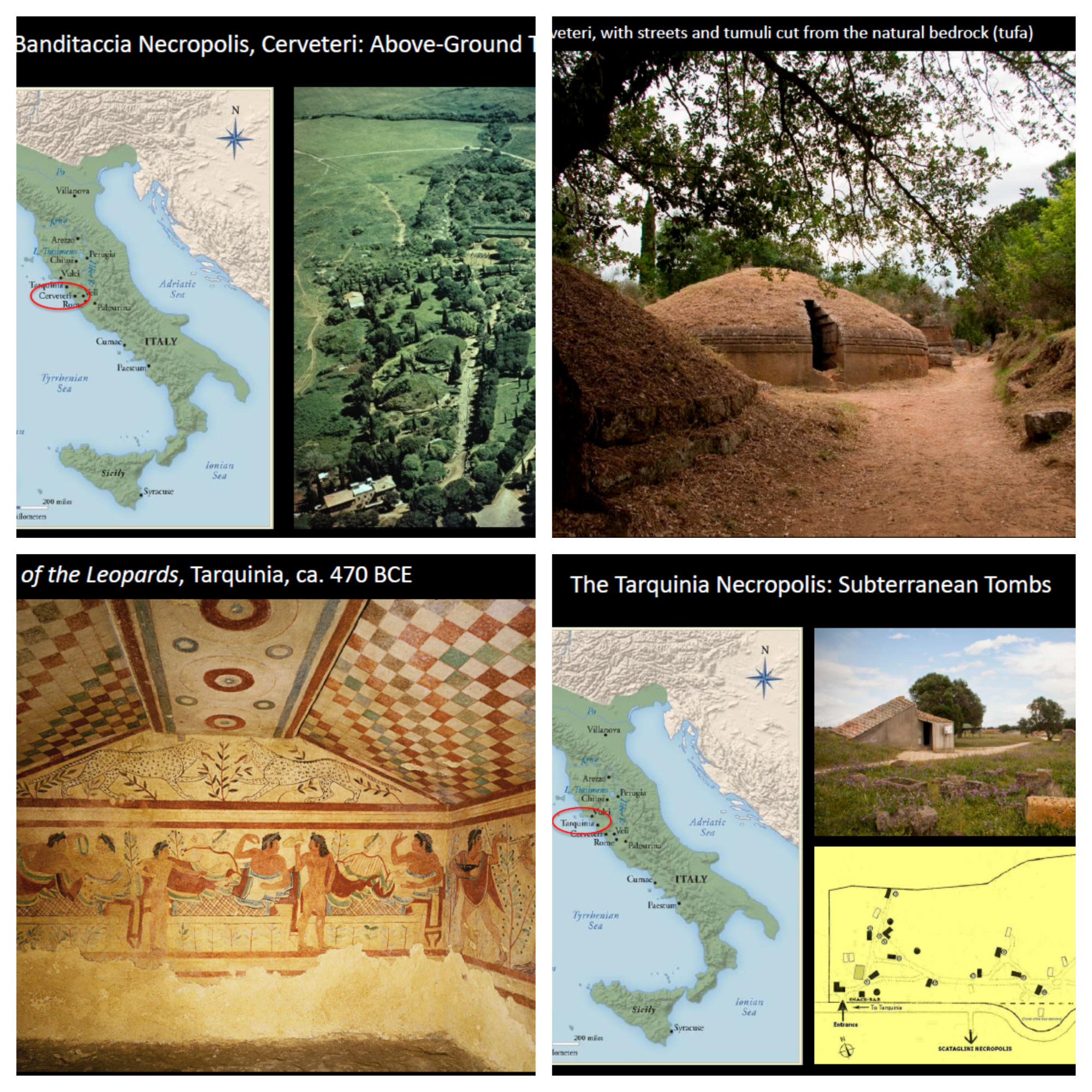 <p>ca. 800-200 BCE</p><p><strong>Tomb of the Leopards, Tarquinia, ca. 470 BCE</strong></p><p>Loose confederation of city states</p><p>Expanded to Italy</p><p>Extensive trade with Greece; major importers of Greek pottery and practices</p><p>Etruscan Tombs: organized into Necropolis</p><p>Above ground/ tufa/ subterranean tombs</p><p>Tympanum: The semi-circular or triangular space enclosed by a pediment in classical architecture, often decorated with relief sculpture or carving.</p><p>Etruscan symposia: honor the dead rather than celebrate the living</p>