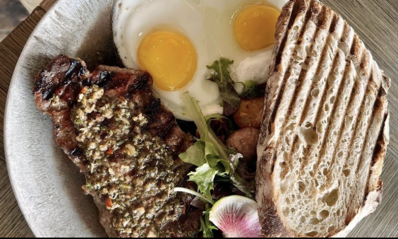 <ol><li><p>Brekkie: Chimichurri Steak &amp; Eggs* $23</p></li></ol><p></p>