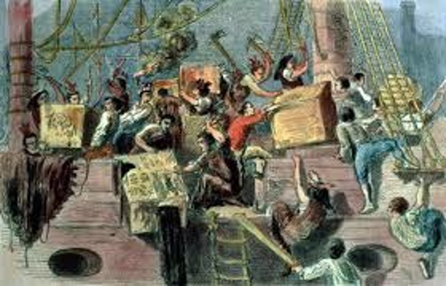 <p>Political protest by the Sons of Liberty. They destroyed an entire shipment of tea sent by the East India company in defiance of the Tea Act by throwing the chests into the sea. It showed that the American colonies had grown tired of arbitrary taxation by the British. (date)</p>