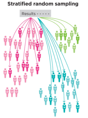 <p>Researcher identifies particular demographic (strata), then randomly selects individuals within each category</p>