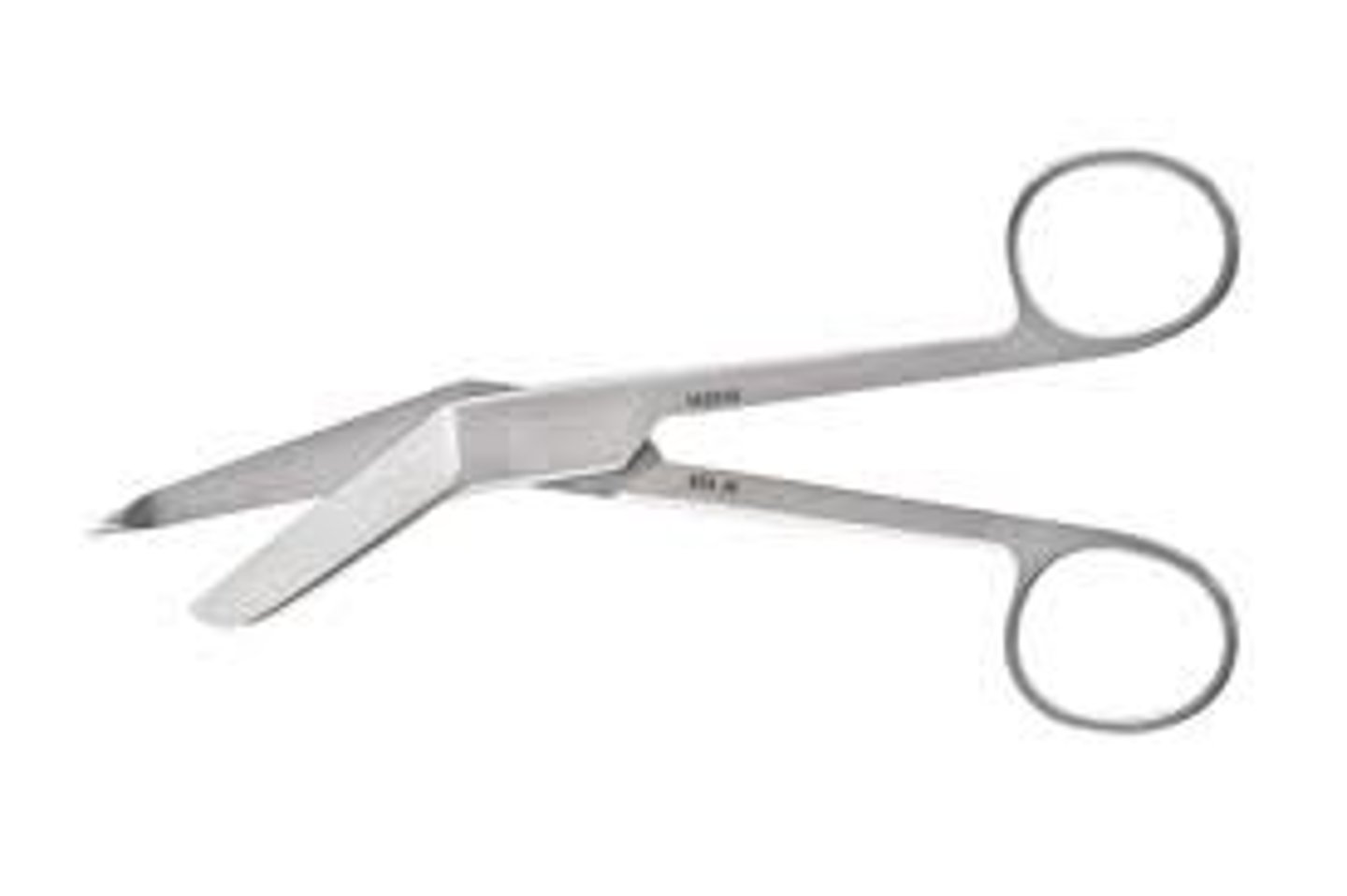 <p>used to remove bandages and other dressings; blunt triangle blade designed to push skin away as the tip is slipped under material; angled to allow fingers to get under scissors</p>