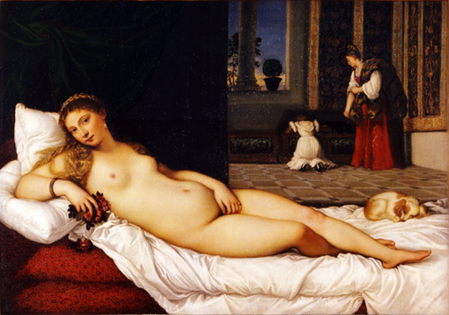 <p>Form:<br>-oil on canvas<br>-rich colors (red)<br>-nude reclining<br>-celebrating female body<br>-paints thin layer of paint to create flow and softness<br>Content:<br>-woman reclining while maids get her clothing<br>-dog=wealth<br>-seduction look= erotic<br>Function:<br>-wedding gift<br>Context:<br>-artist: Titian<br>-Ventian Renaissance 1538 CE</p>