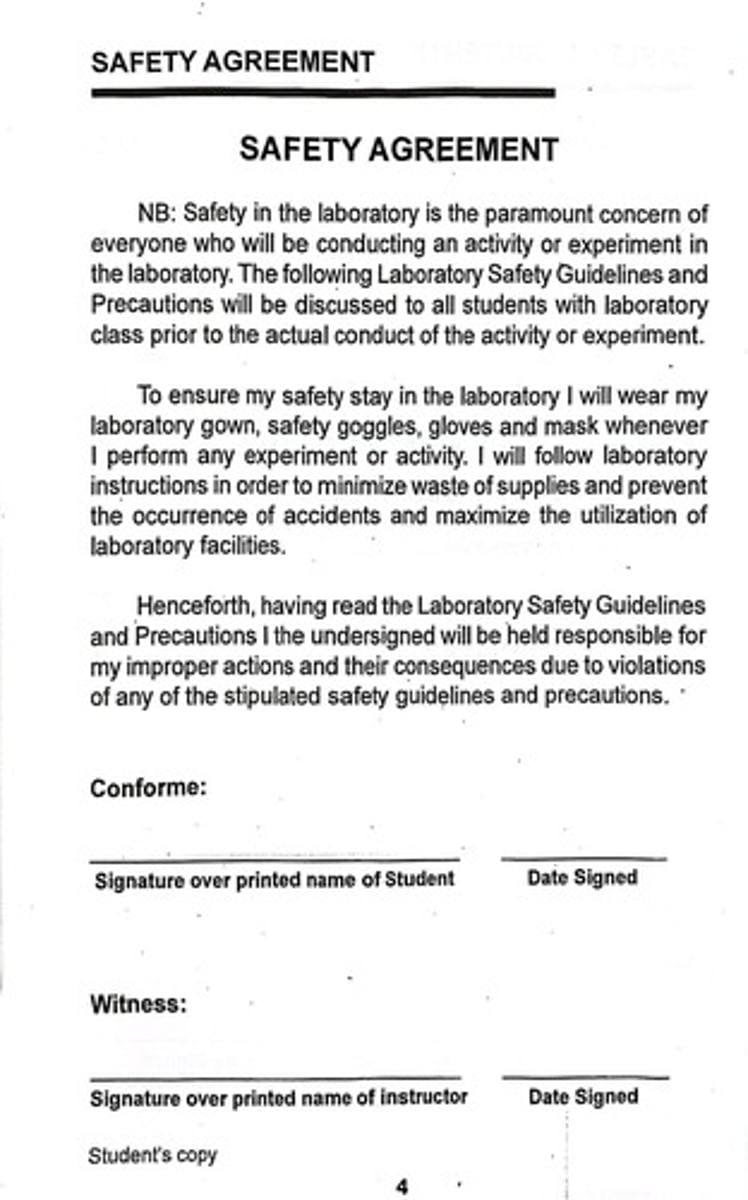 <p>A document that outlines the responsibilities of students regarding safety in the laboratory, including wearing appropriate personal protective equipment and following laboratory instructions.</p>