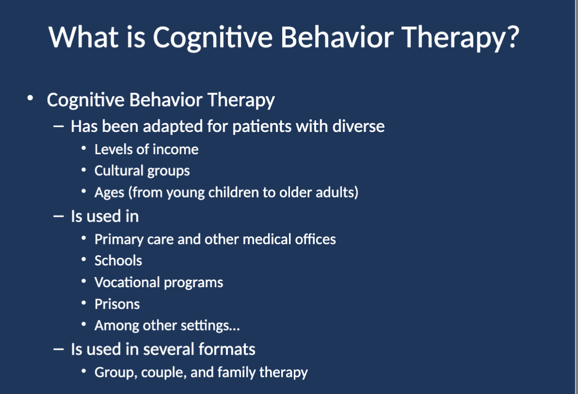 <p>Group therapy, couple therapy, and family therapy.</p>