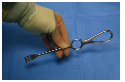 <p>Nickname: Sharp rake</p><p>Use: Retraction</p><p>Features: Handle with round, finger ring and 3 prongs</p>
