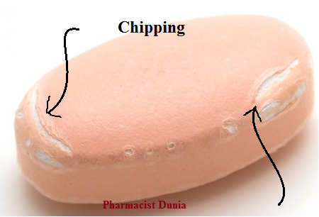 <p>breaking of tablet edges while tablet leaves press </p><ul><li><p>too dry </p></li></ul><p></p>