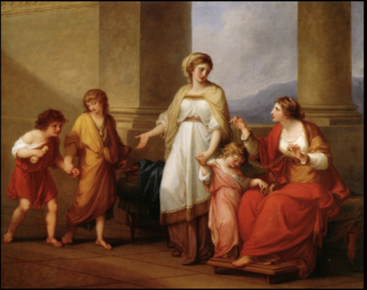 <p>Neoclassical- because it emphasizes family honor and rational values within the context of classical motifs. Her kids are her treasures instead of any type of jewel the rich lady was handing to her&nbsp;</p>