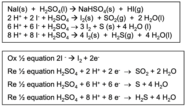 <ul><li><p>first acid-base equation gives white steamy fumes of HI gas</p></li><li><p>I<sup>- </sup>ions are the strongest halide reducing agents so they can reduce H<sub>2</sub>SO<sub>4</sub> to SO<sub>2</sub> , H<sub>2</sub>S or S</p></li><li><p>the oxidation state of S goes from +6 to +4 to 0 to -2</p></li><li><p>black solid and purple fumes of iodine are evolved</p></li><li><p>yellow solid of sulfur formed</p></li><li><p>H<sub>2</sub>S is a toxic gas with a smell of bad eggs</p><p></p></li></ul><p></p>