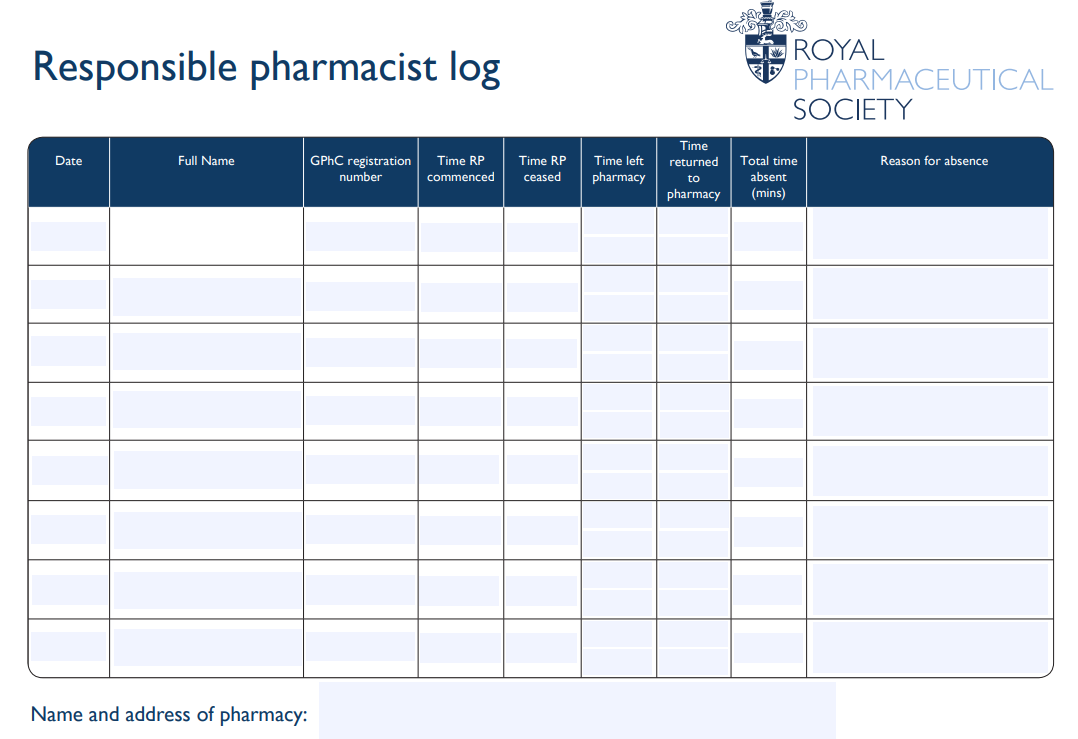 <p>-Name</p><p>-GPhC registration number</p><p>-Date + time became RP</p><p>-Date + time ceased</p><p>-Date, time of absence, time returned</p>