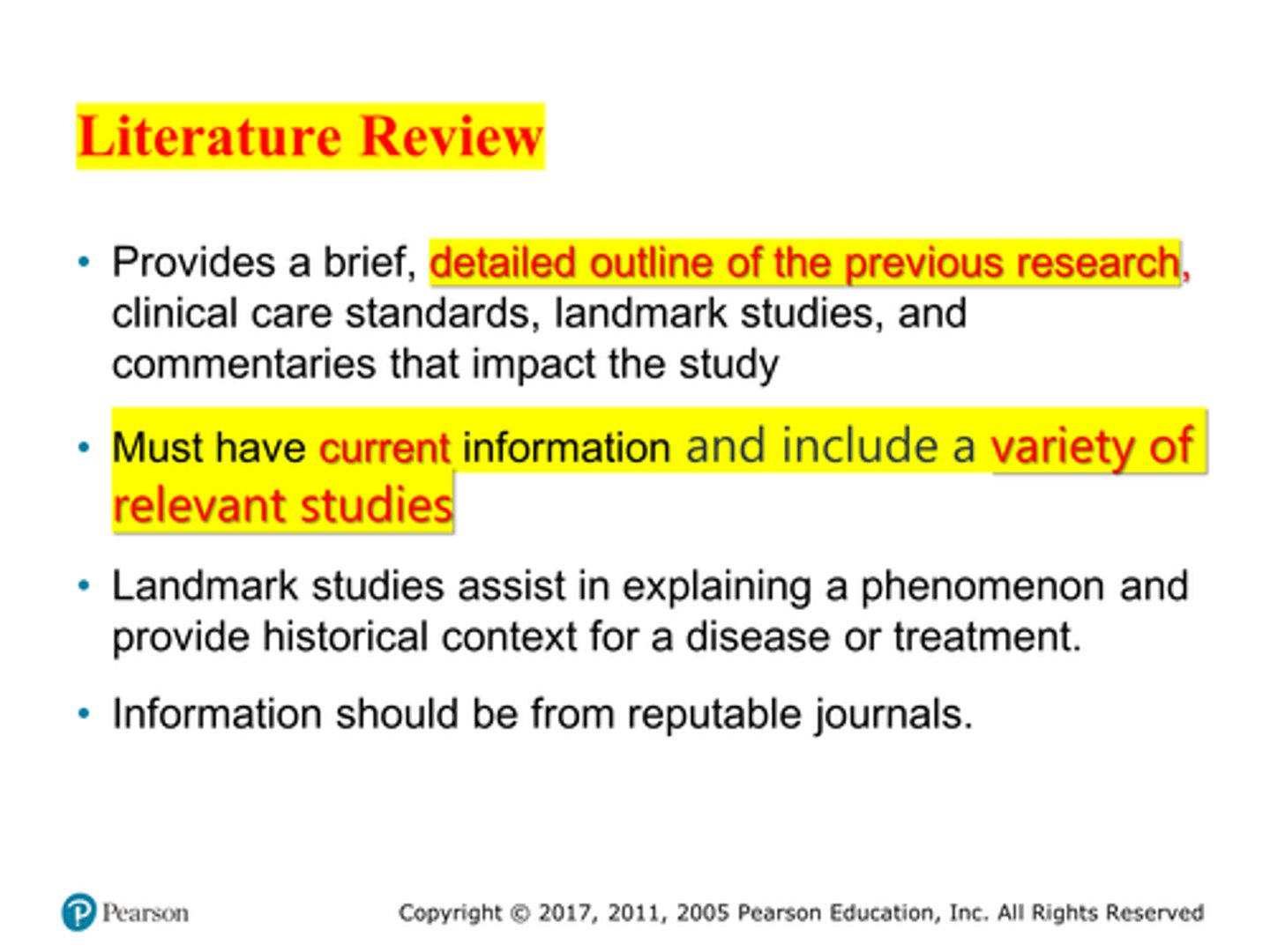<p>Literature review (pg. 289)</p><p>Terminology associated with research reports</p><p>- Abstract- A condensed version of a study</p><p>- Introduction- Should include a clear, concise purpose statement</p><p>- Literature review- Detailed outline of previous findings</p><p>- Methodology- Method and material section</p><p>- Results and discussions- Findings of a study•</p><p>3 multiple choice options</p>