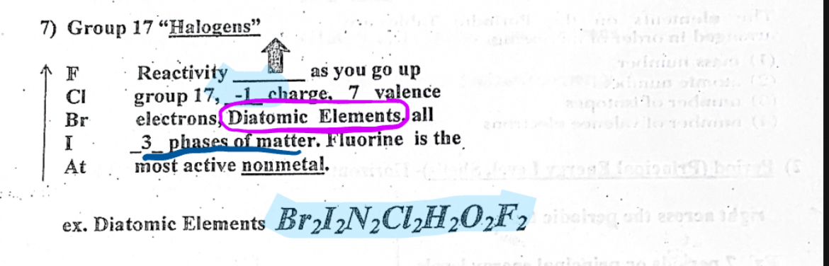 <p>Diatomic elements:<span style="color: rgb(0, 29, 53)"><strong>elements that naturally exist as molecules composed of two atoms of the same element bonded together</strong></span></p>