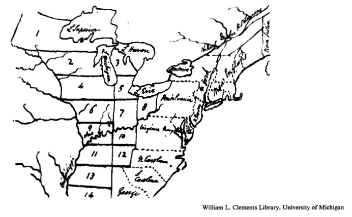 <p>The rough map above was used by Thomas Jefferson to</p><p>A</p><p>plot American military strategy during the Revolution</p><p>B</p><p>give Lewis and Clark their instructions for exploration of the Mississippi</p><p>C</p><p>plan a system of frontier fortifications</p><p>D</p><p>begin planning the division of federal lands into new states</p><p>E</p><p>organize voluntary militia during the Black Hawk War</p>