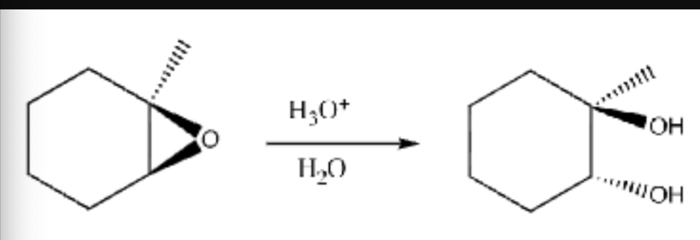 <p>H<sub>3</sub>O<sup>+</sup>/H<sub>2</sub>O </p><p>Products: OH+ OH</p><p>Anti/Trans</p>