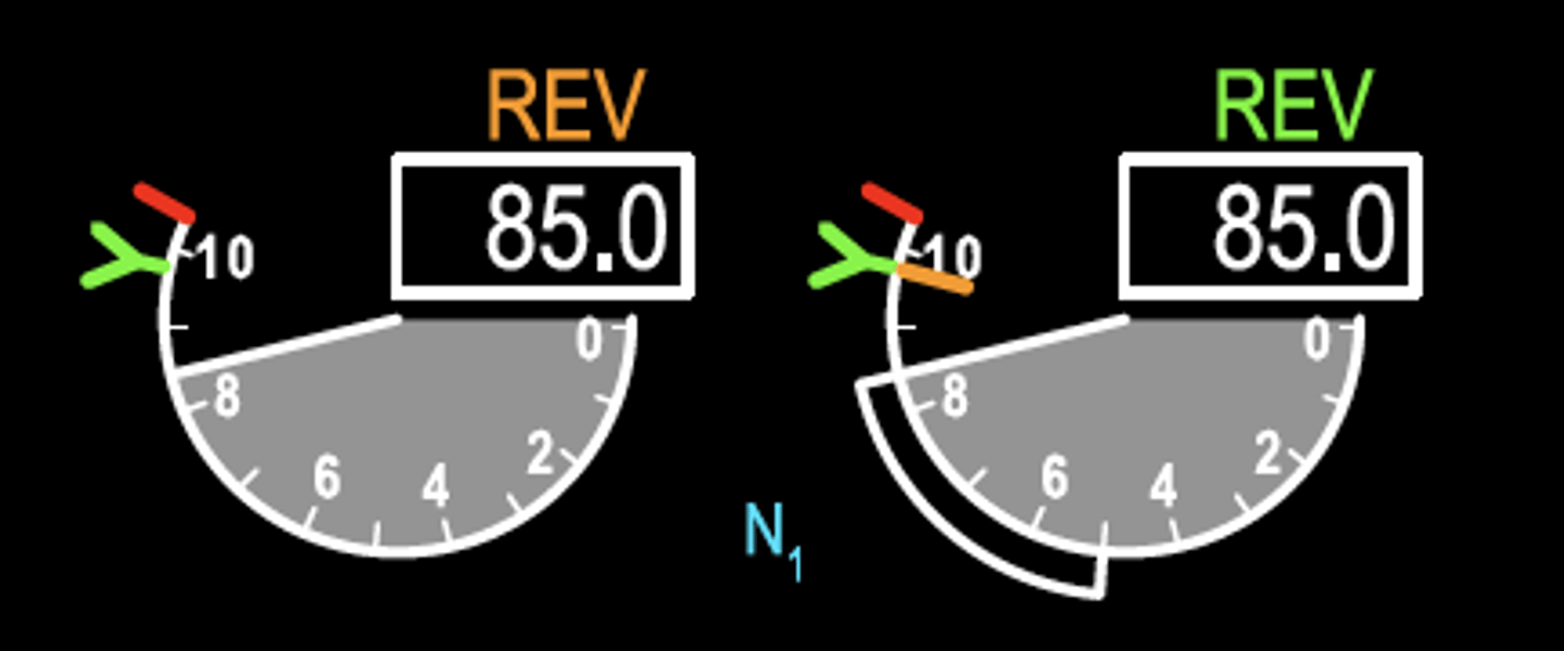 <p>REV (amber) - thrust reverser moved from stowed position</p><p>REV (green) - thrust reverser is deployed</p>