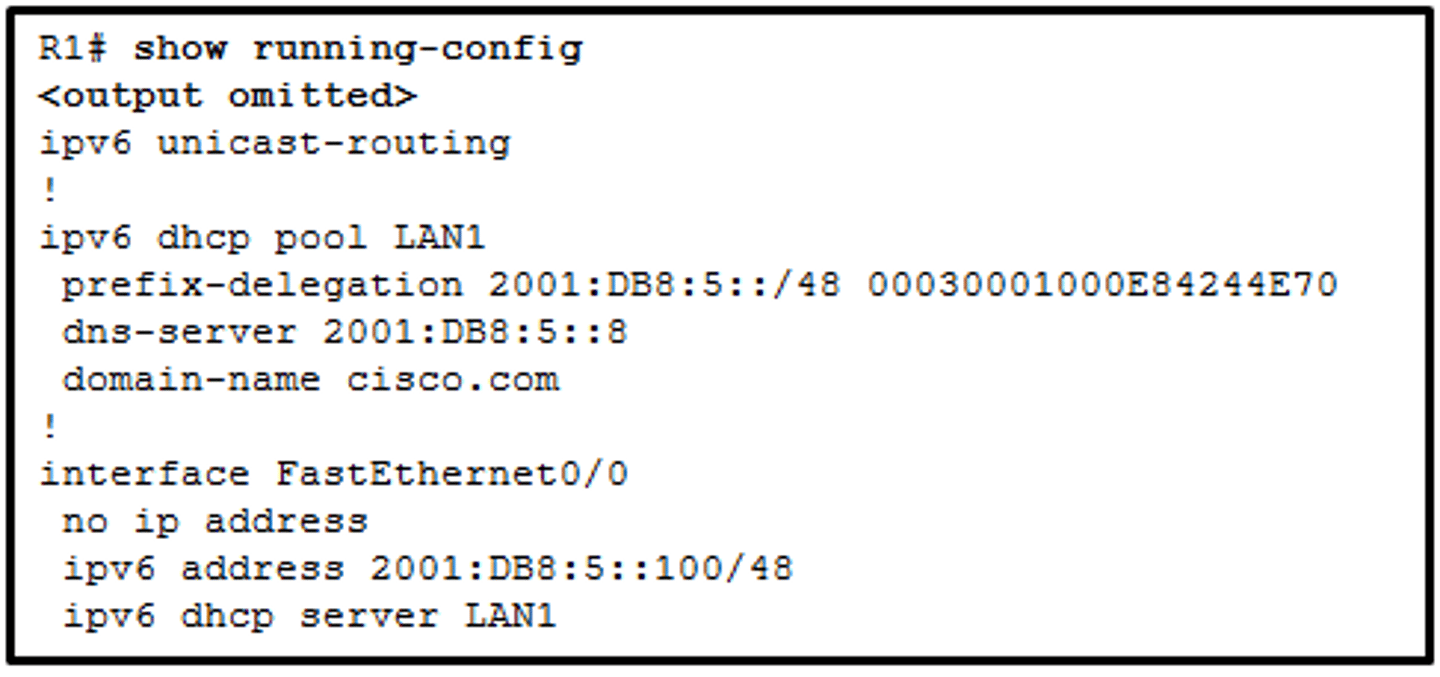 <p>Refer to the exhibit. The users on the LAN network of R1 cannot receive an IPv6 address from the configured stateful DHCPv6 server. What is missing from the stateful DHCPv6 configuration on router R1?</p><p>The FA0/0 interface is missing the command that informs the clients to use stateful DHCPv6.</p><p>IPv6 has not been enabled globally on router R1.</p><p>The DHCPv6 pool has not been bound to the LAN interface.</p><p>The DHCPv6 pool does not match the IPv6 address configured on interface FA0/0.</p>