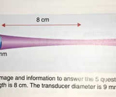 <p>What is the lateral resolution at a depth of 16 cm?<br>a. 1cm<br>b. 9mm<br>c. 5mm<br>d. 14mm</p>