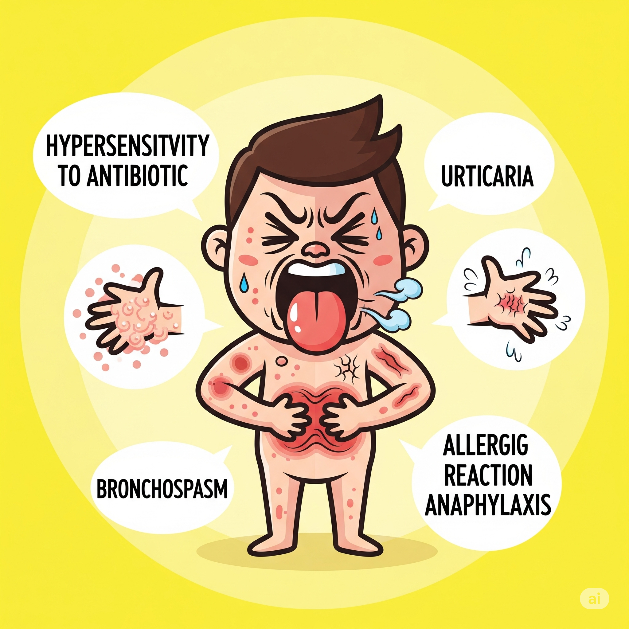 <p>Redness, hives (urticaria), bronchospasm, anaphylaxis</p>