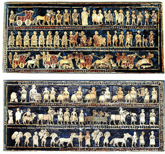 in paintings and reliefs, a painted or carved baseline on which figures appear to stand