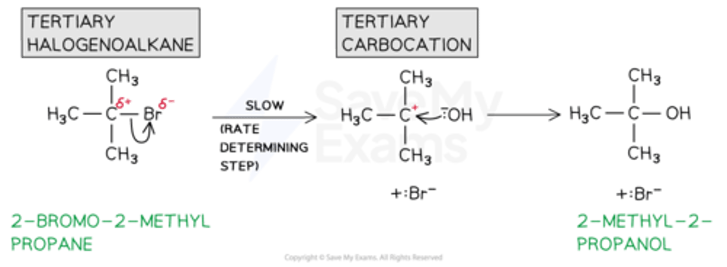 <p>- 2 step reaction: slow step (RDS) and instant step</p><p>- due to lack of direct route for nucleophile to attack</p><p>- consists of a carbocation intermediate</p><p>- rate of reaction (RDS) depends on concentration of halogenoalkane only</p><p>- for all tertiary halogenoalkanes (+ some secondary)</p>