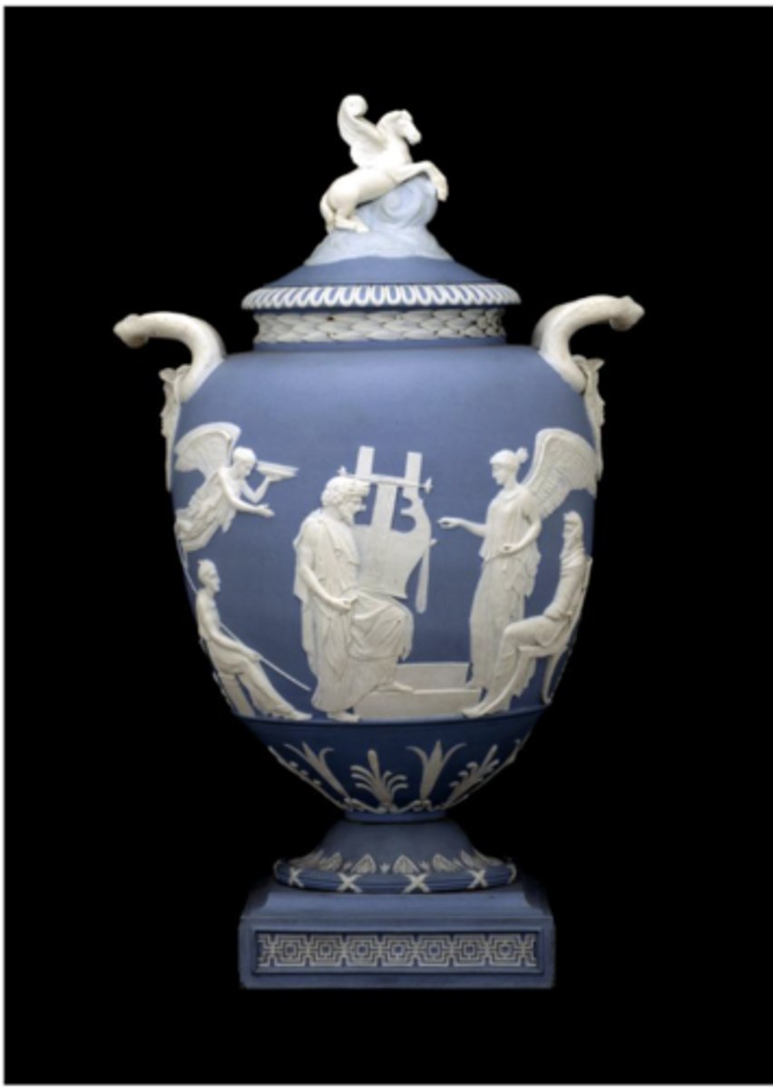 <p>John Flaxman ( design)</p><p>William Hackwood ( modeled)</p><p>Wedgewood factory</p><p>Etruria factory, Staffordshire, England</p><p>Cameo- a type of object/ antiquity</p><p>Very scientific</p>