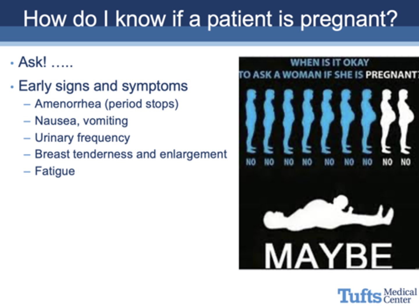<p>- Amenorrhea (period stops)</p><p>- Nausea, vomiting</p><p>- Urinary frequency</p><p>- Breast tenderness and enlargement</p><p>- Fatigue</p>