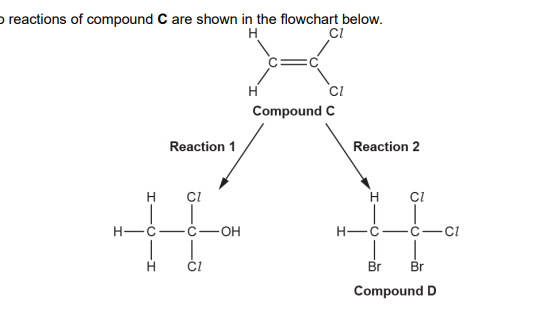 <p>(c). Compound C forms an addition polymer E. i. Write a balanced equation for this reaction. Show displayed formulae (2)</p>