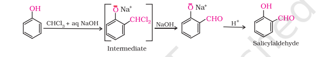 <p>C₆H₅OH → [CHCl<span>₃, NaOH, H₃O⁺] </span>C₆H<span>₄</span>OH CHO</p><p></p>