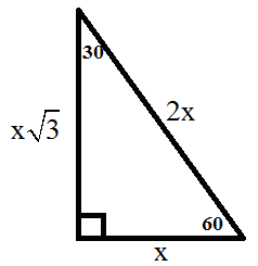 <ul><li><p>The shorter leg has a length of <span style="font-size: inherit; font-family: inherit">x</span>.</p></li><li><p>The longer leg has a length of <span style="font-size: inherit; font-family: inherit">x</span><span>√</span><span style="font-size: inherit; font-family: inherit">3</span></p></li><li><p>The hypotenuse has a length <span style="font-size: inherit; font-family: inherit">2x</span></p></li></ul><p></p>