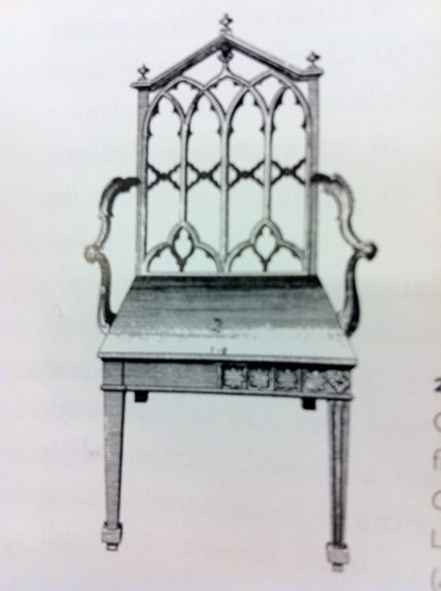 <p>Chippendale chairs with pierced tracery work and arches at the back of the chair.</p>