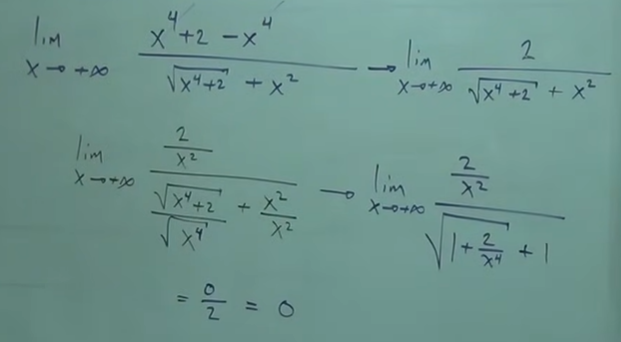 <p>Rationalize by the conjugate. Solving limits w radicals. Divide by the largest power in the radical. Divide by the largest power in the denominator.</p>
