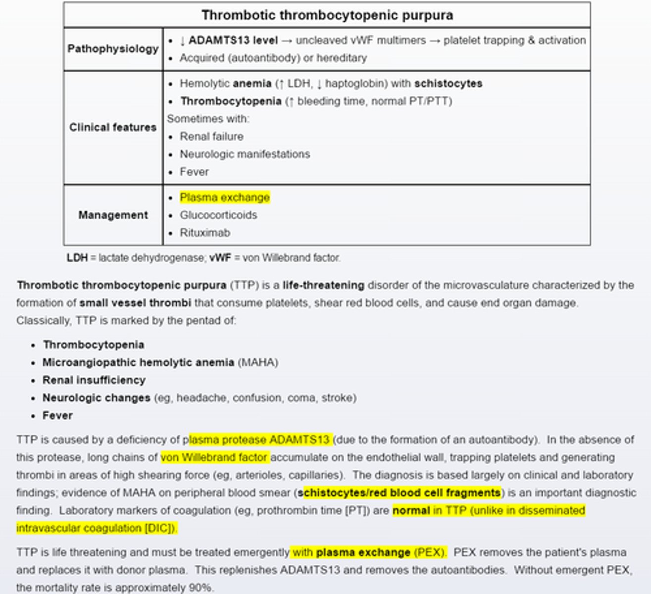 <p>-caused by autoantibodies to plasma protease ADAMTS 13 and is marked by microangiopathic hemolytic anemia and thrombocytopenia</p><p>-TTP is life threatening and requires emergent treatment with plasma exchange</p>