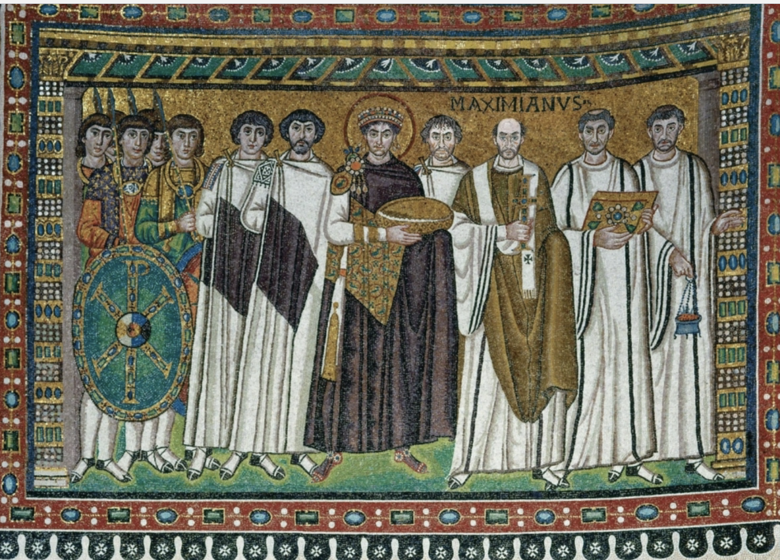 <ol><li><p><strong>Imperial Authority and Divinity</strong>: Justinian is depicted at the center with a halo, crown, and purple robes, emphasizing his divine right to rule and imperial status.</p></li><li><p><strong>Representation of Power</strong>: The mosaic features soldiers, statesmen, and churchmen, symbolizing the unity of military, political, and religious authority under Justinian’s reign.</p></li><li><p><strong>Abstract Style</strong>: The artwork lacks naturalism and movement, with stylized facial features and a focus on symbolic elements, reflecting the Byzantine artistic tradition.</p></li></ol><p></p>